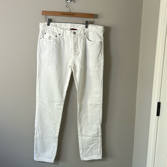 BRUNELLO CUCINELLI Mens Slim Fit Straight Leg Logo Embroidered Jeans White 35x32 - Picture 3 of 16